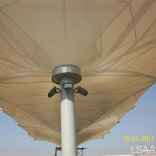 Inverted conical umbrella fabric structures for Panoli Gate House
